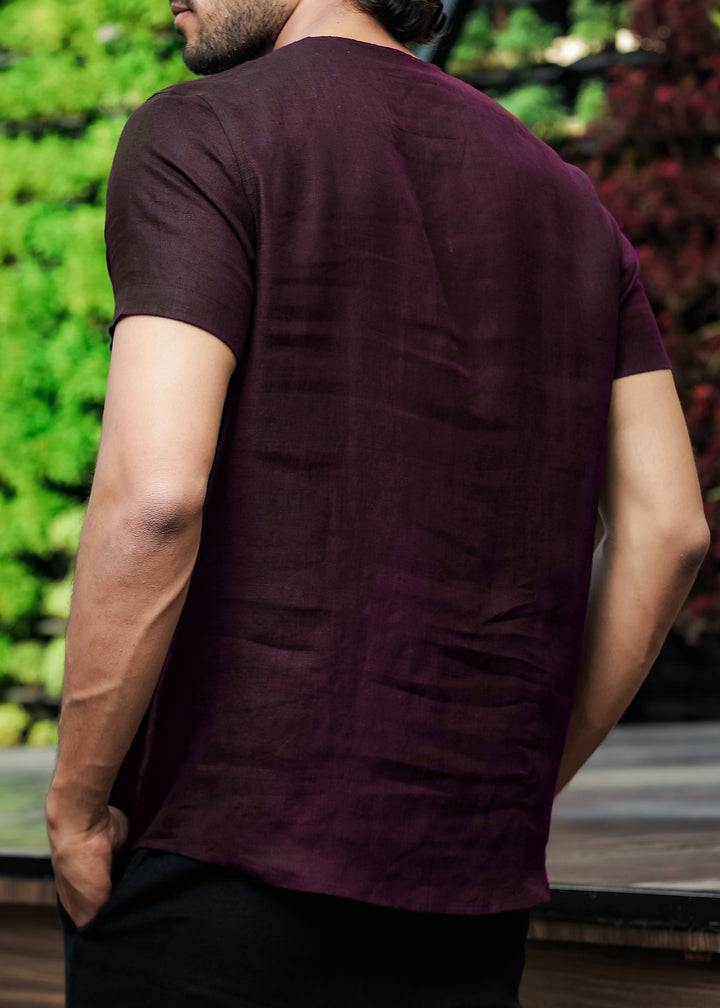 Simon - Pure Linen Stitch Detail Short Sleeve T-Shirt - Dark Purple (Factory Rescue)