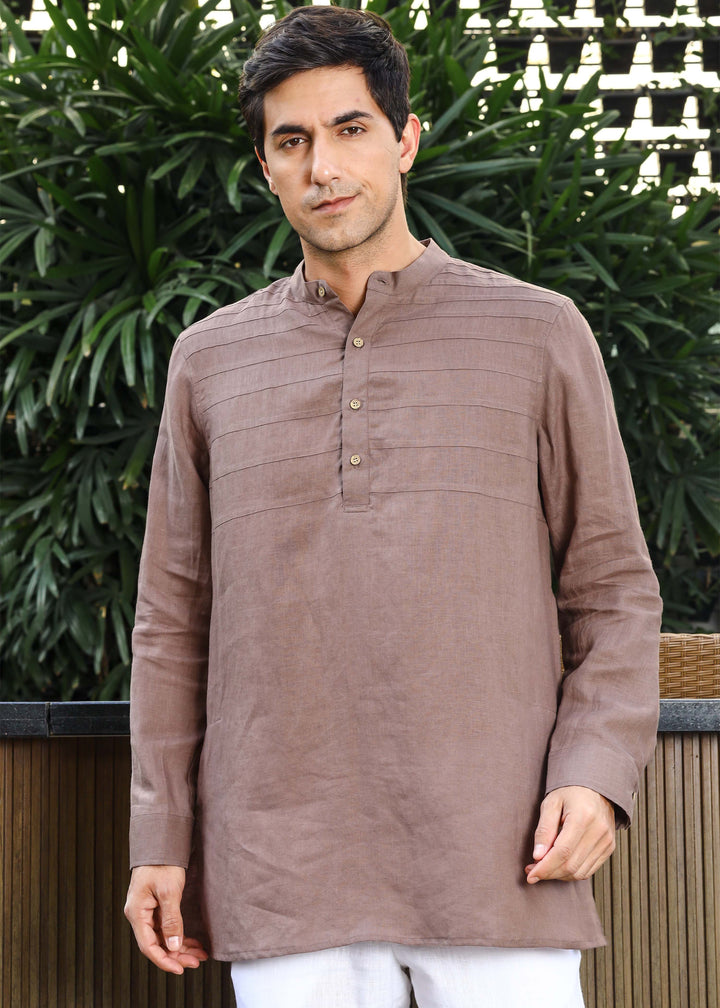 Marvel - Full Sleeve Mandarin Collar Pure Linen Kurta - Toasted Brown