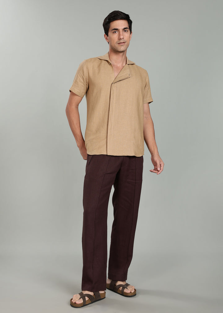 Art Pants - Pure Linen Elastic Casual Pants with Drawstrings - Cocoa Brown