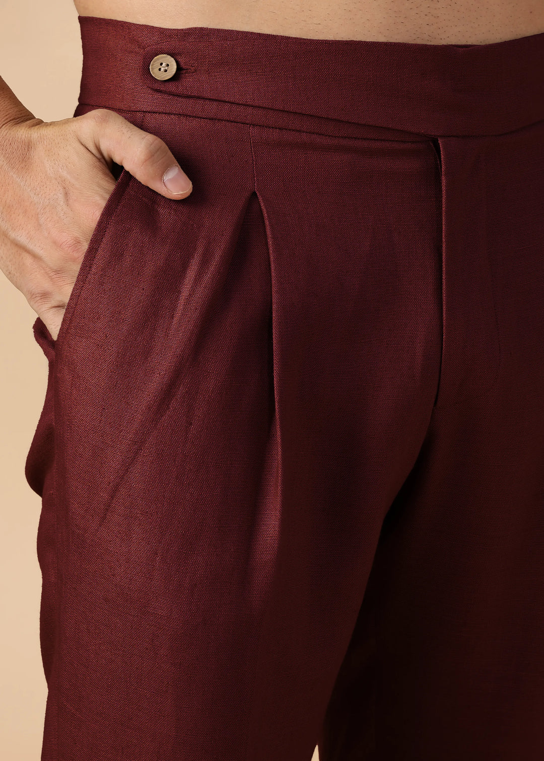 Foster - Pure Linen Trousers with Stylised Waistband - Dark Maroon