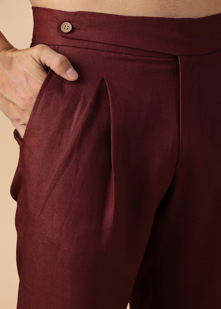 Foster - Pure Linen Trousers with Stylised Waistband - Dark Maroon