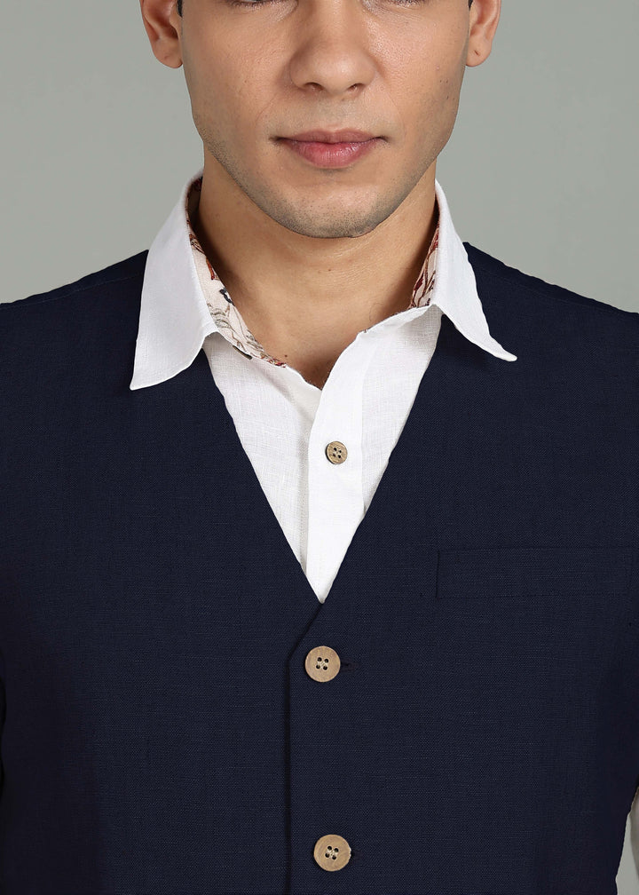 Clyde Pure Linen Waist Coat - Dark Blue