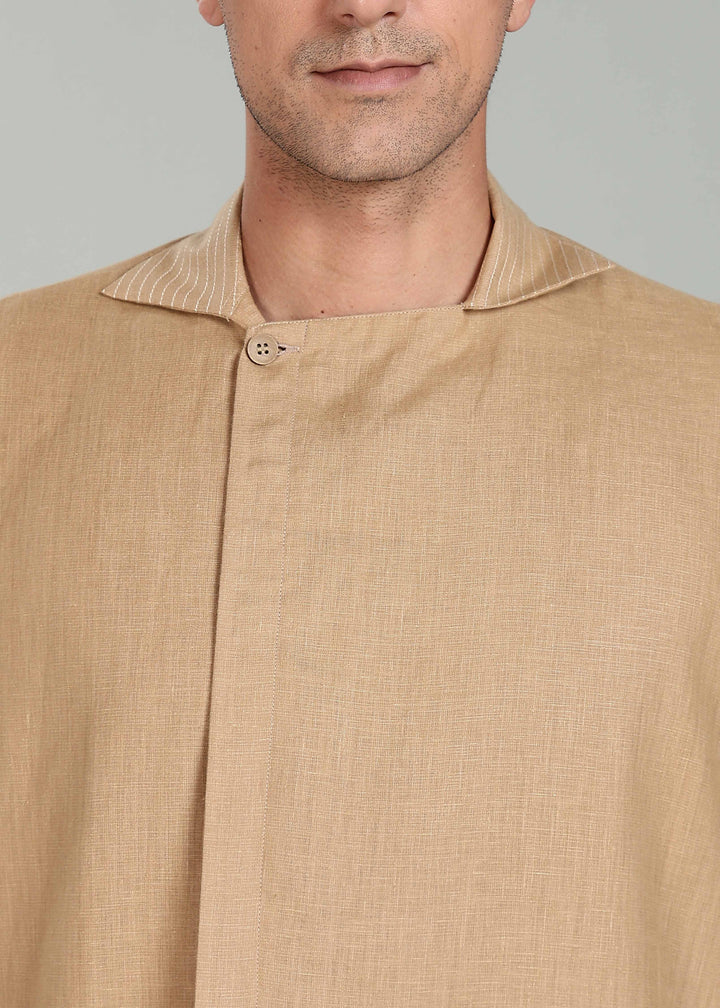Sean Shirt - Pure Linen Half Sleeve Shirt with Concealed Placket - Oakwood Brown