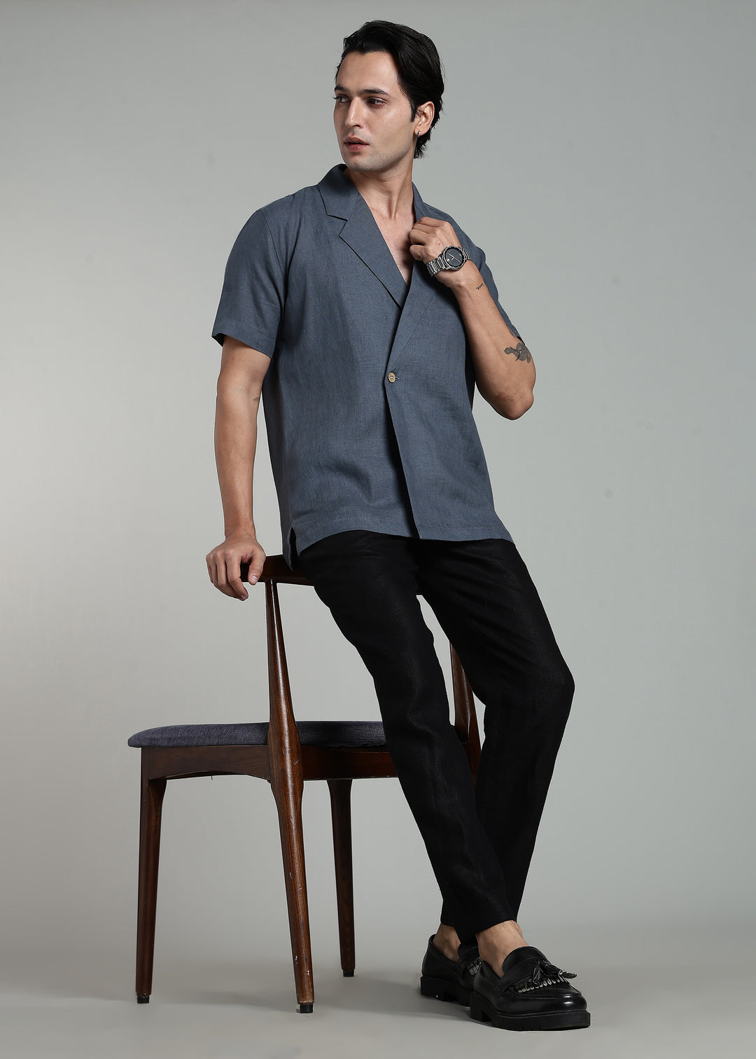 Kaze - Pure Linen Half Sleeve Notch Lapel Shirt - Gunmetal Grey