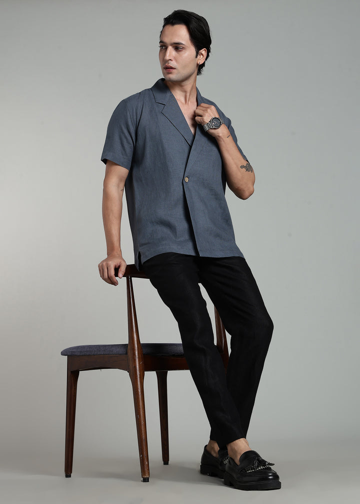 Kaze - Pure Linen Half Sleeve Notch Lapel Shirt - Gunmetal Grey