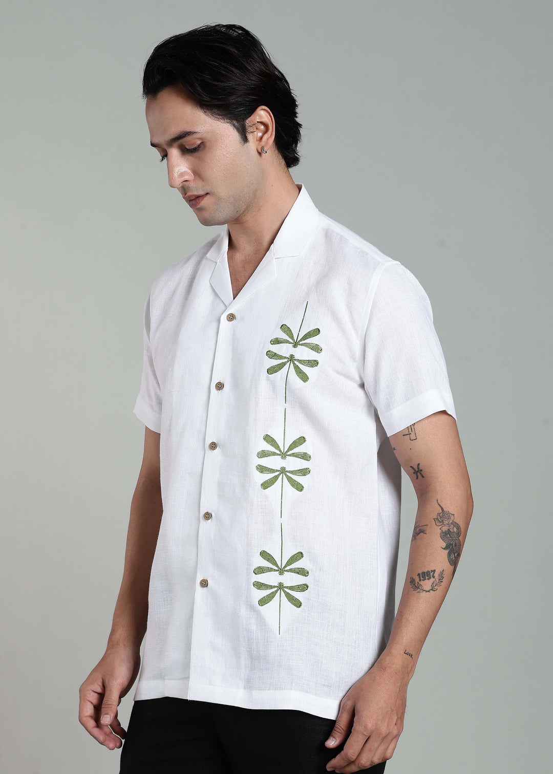 Bayu - Pure Linen Half Sleeve Cuban Collar Shirt with Dragonfly Embroidery - White