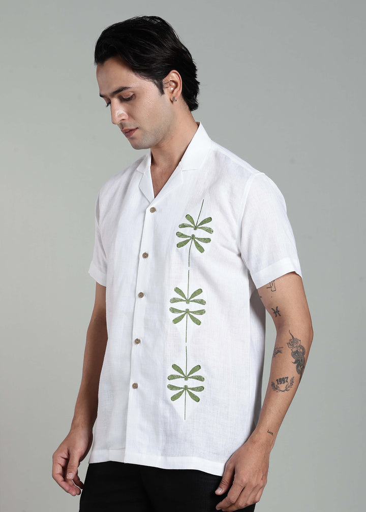Bayu - Pure Linen Half Sleeve Cuban Collar Shirt with Dragonfly Embroidery - White