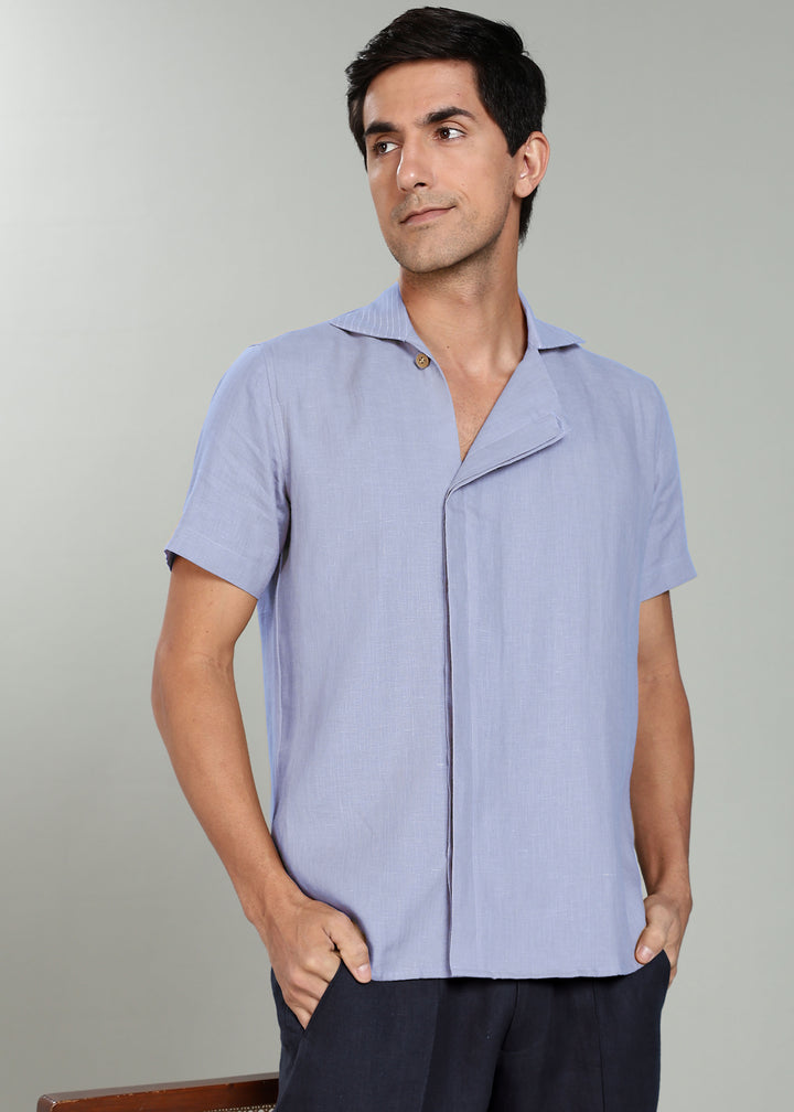 Sean Shirt - Pure Linen Half Sleeve Shirt with Concealed Placket - Periwinkle Blue