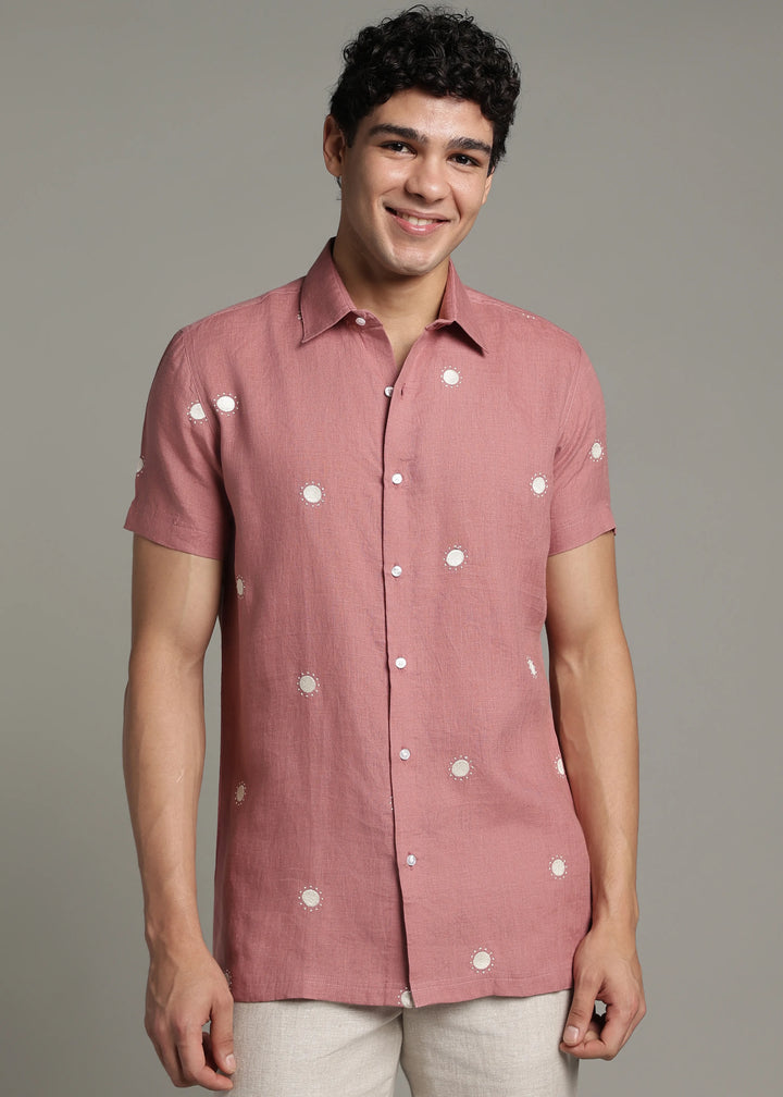 Dot - Pure Linen Embroidered Half Sleeve Shirt - Dusty Pink