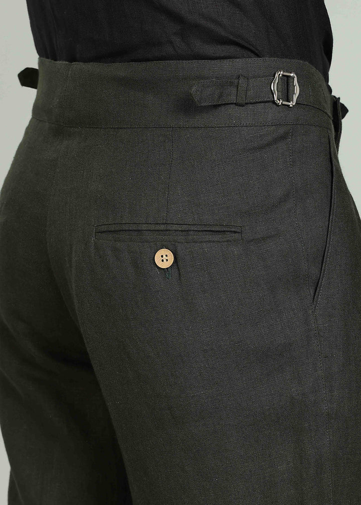 Wes Pants - Pure Linen Pleated Trousers with Adjustable Waistband - Dark Green