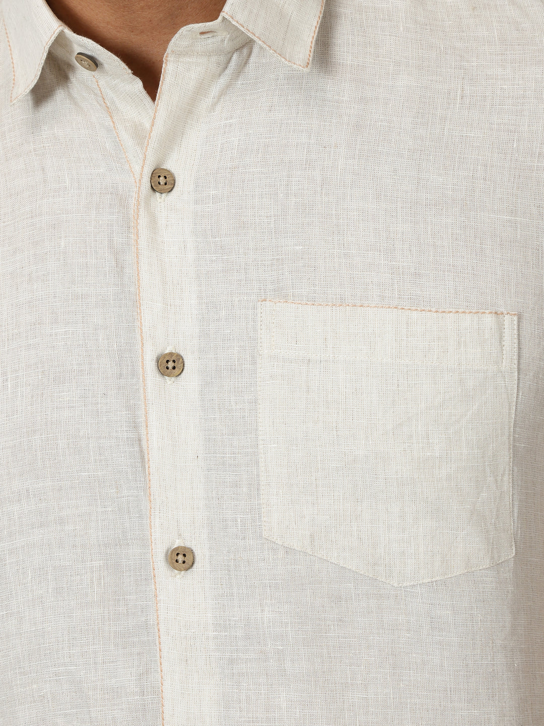 Peter - Pure Linen Stitch Detailed Half Sleeve Shirt - Light Ecru