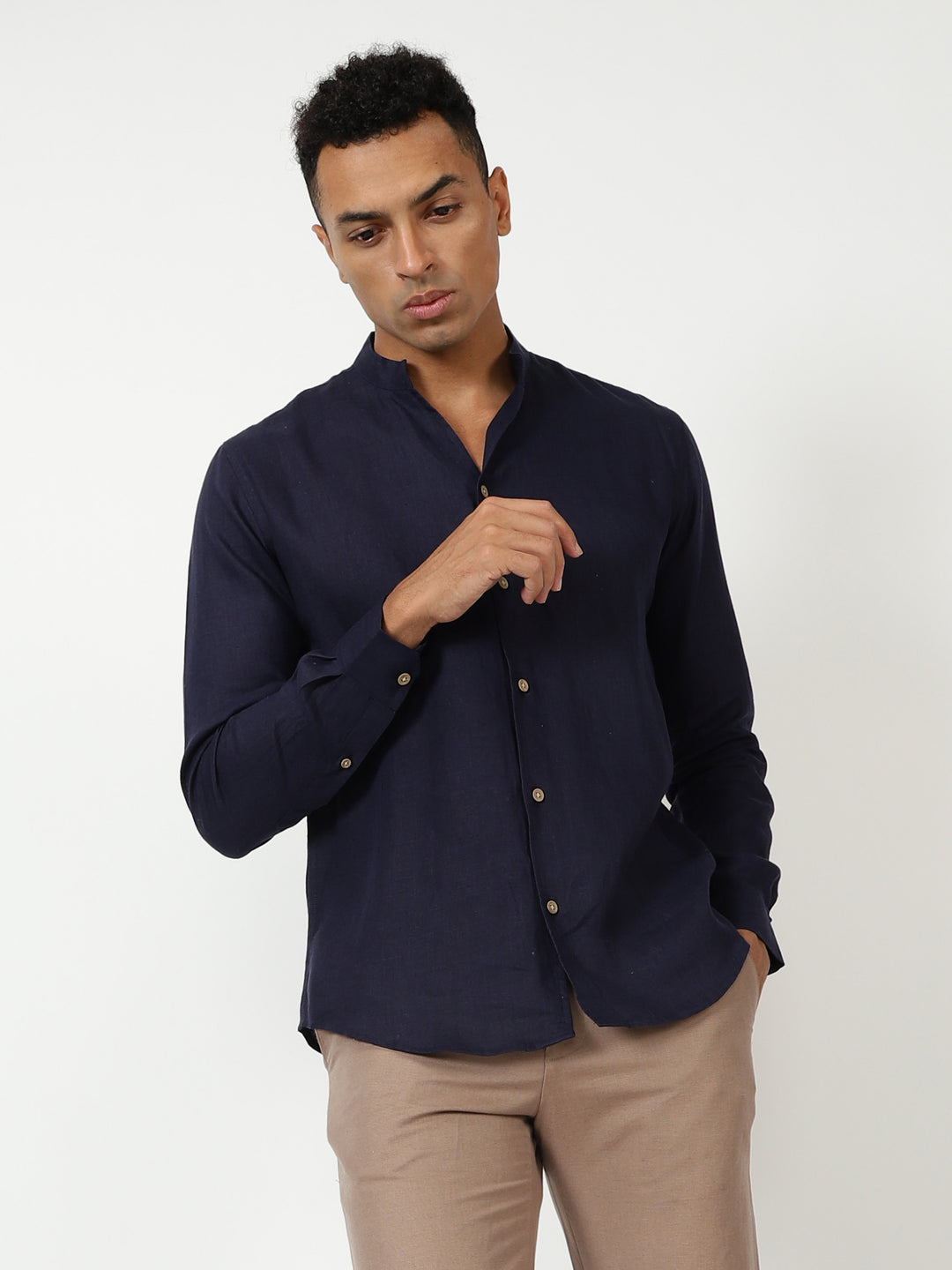 Craig - Pure Linen V Neck Full Sleeve Shirt - Dark Blue