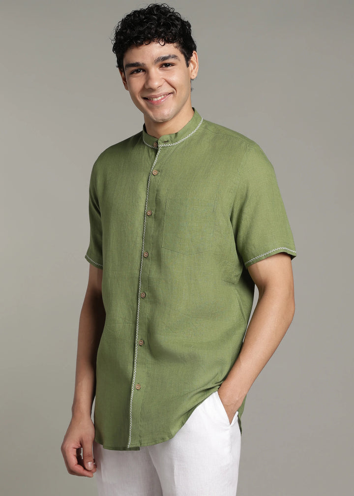 Oram - Pure Linen Half Sleeve Shirt - Cossack Green