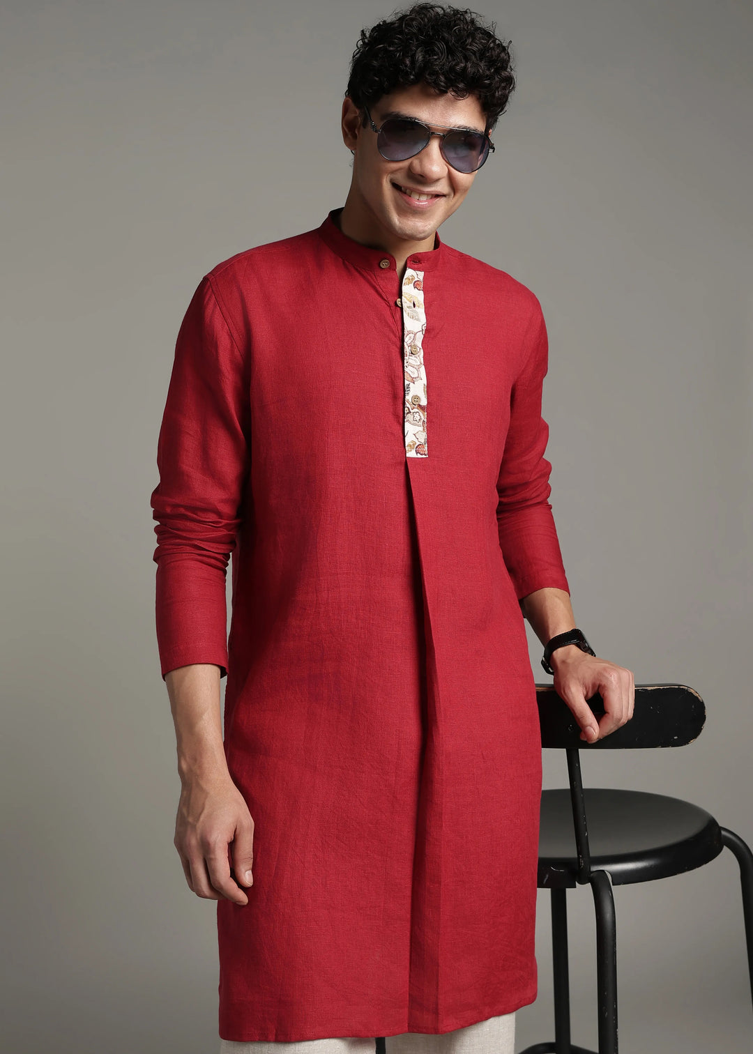 Vansh - Pure Linen Regular Kurta with Printed Placket detail - Mud Red