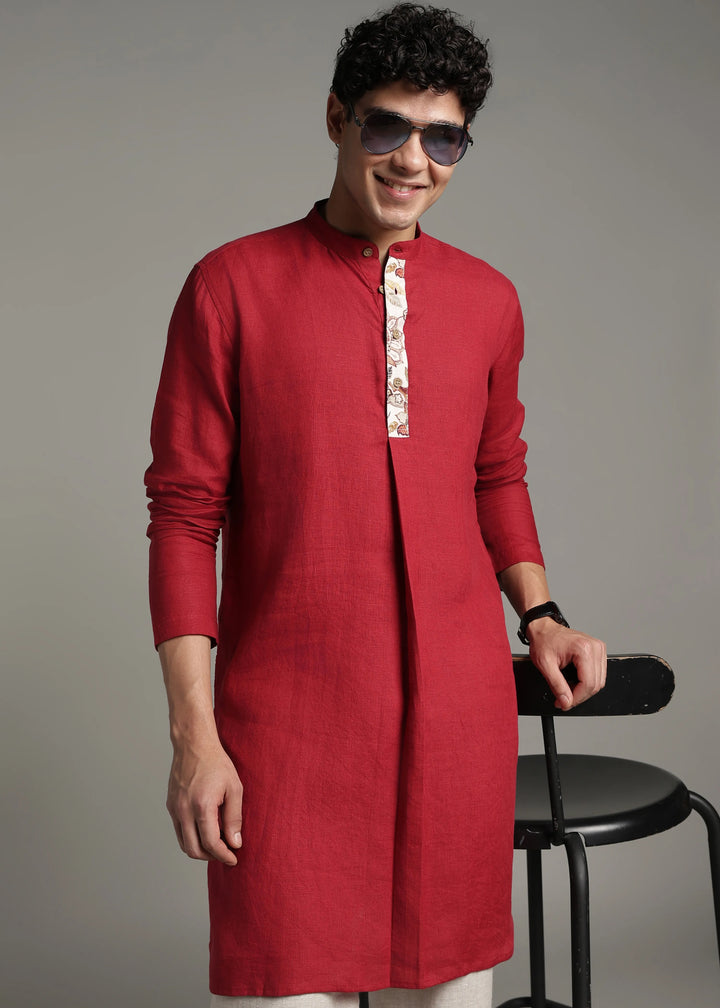 Vansh - Pure Linen Regular Kurta with Printed Placket detail - Mud Red