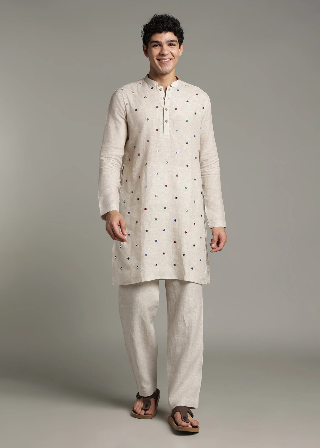 Aaina - Pure Linen Mirror Embroidered Regular Kurta - Ecru