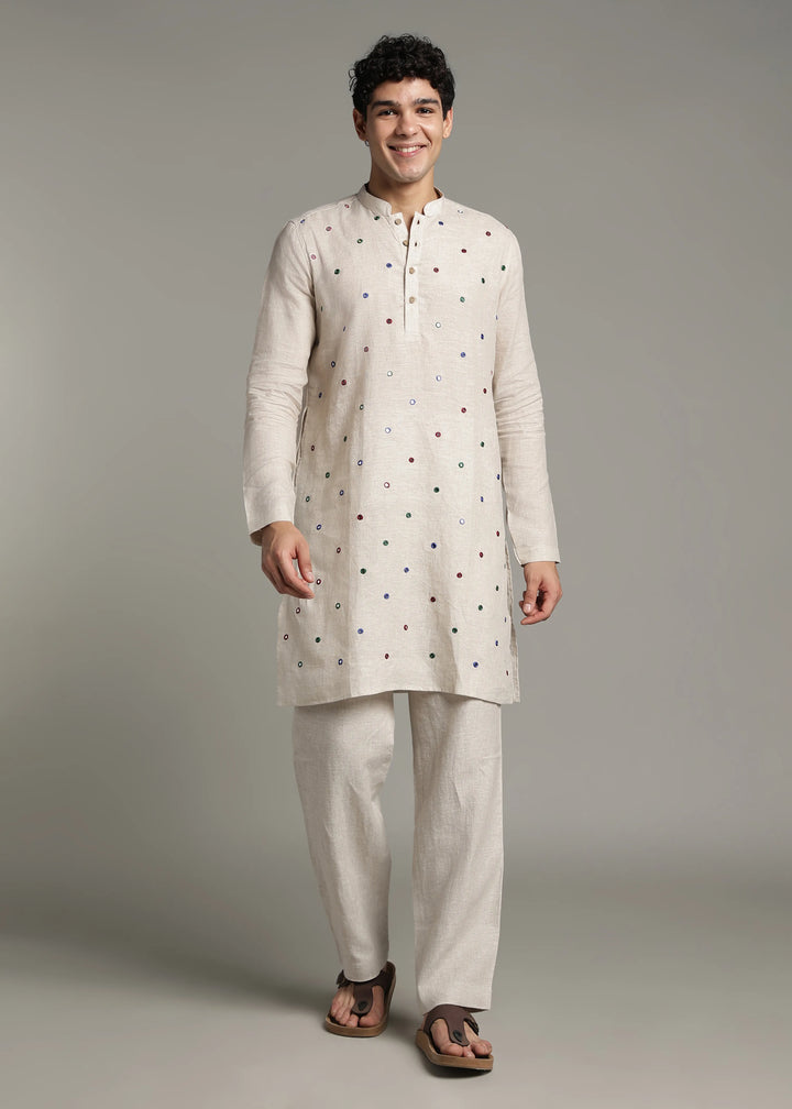 Aaina - Pure Linen Mirror Embroidered Regular Kurta - Ecru