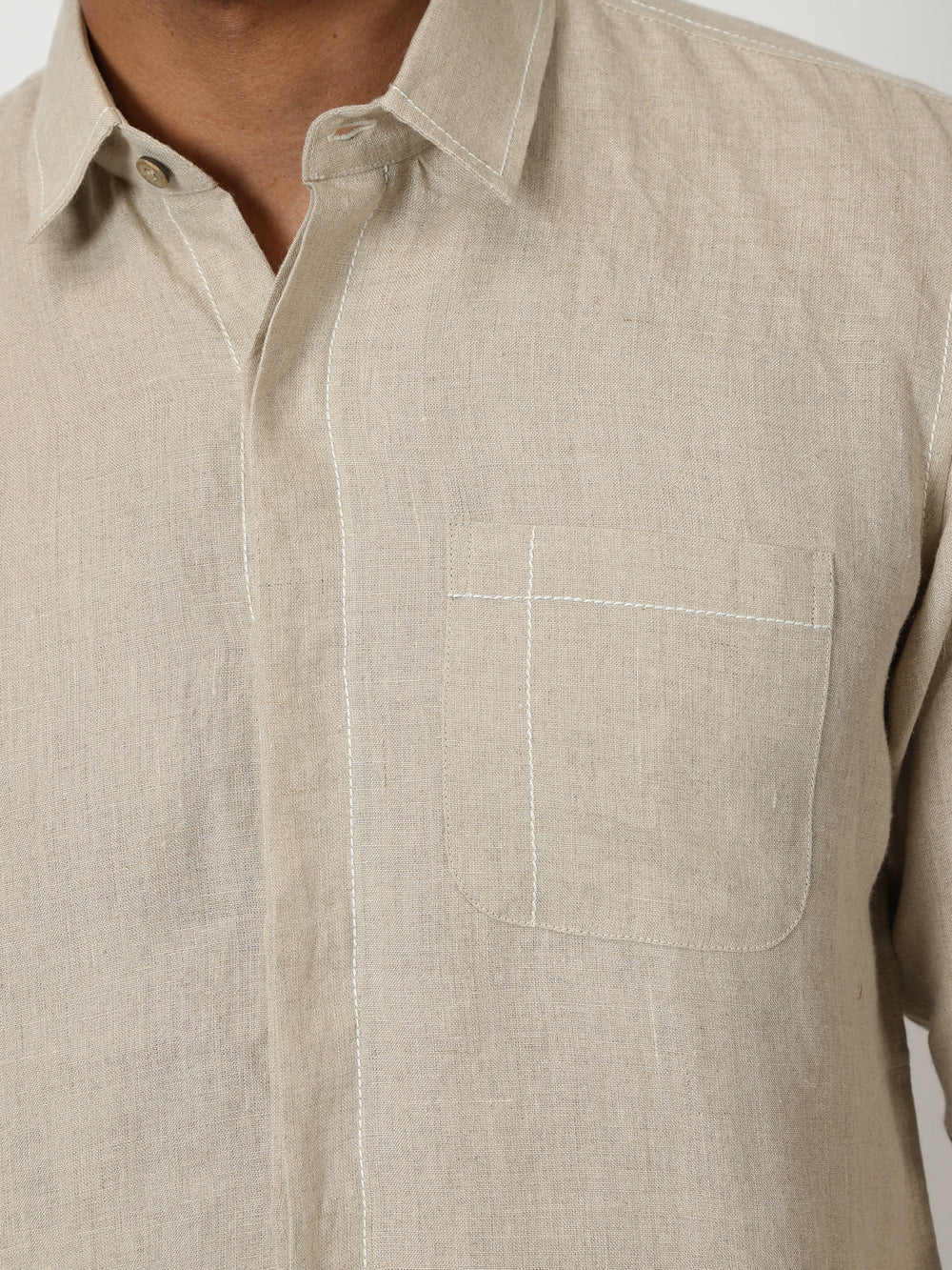 Paul - Pure Linen Stitch Detailed Full Sleeve Shirt - Dark Ecru