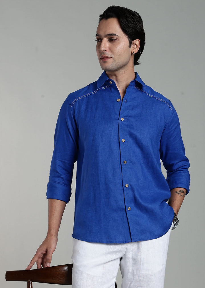 Nemo - Pure Linen Full Sleeve Shirt with False Flap Yoke and White Stitching Detailing - Egyptian Blue