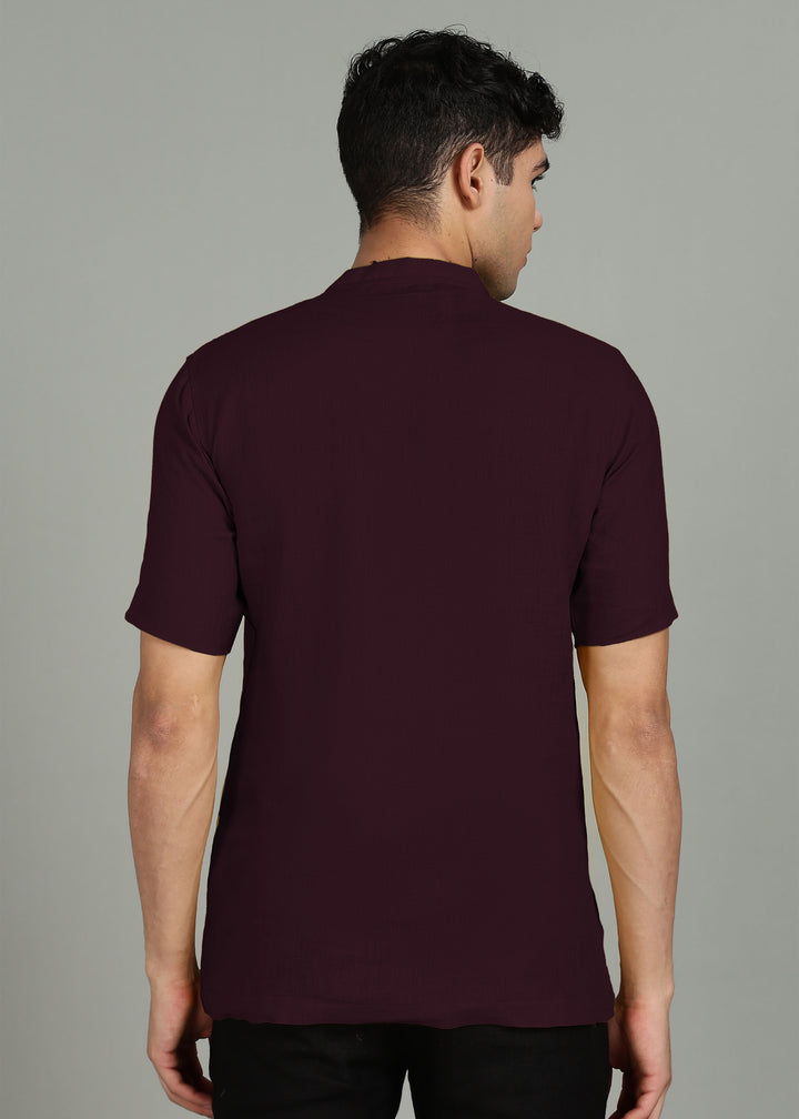 Ash - Pure Linen Mandrin Collar T-Shirt - Dark Purple