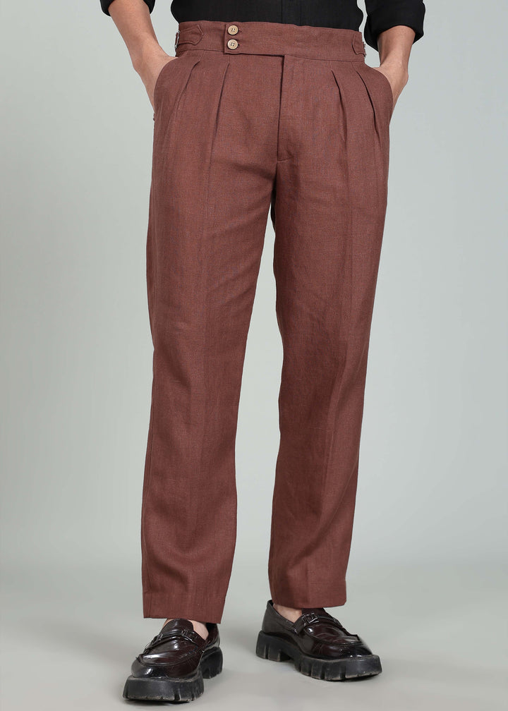Wes Pants - Pure Linen Pleated Trousers with Adjustable Waistband - Amber Brown