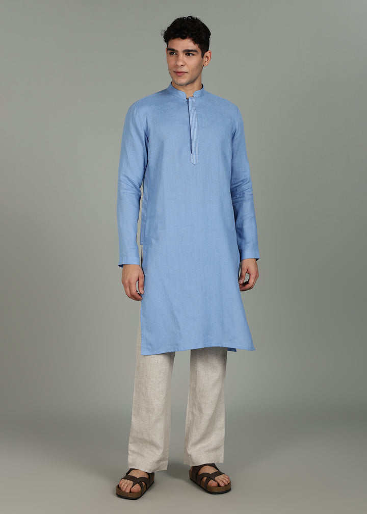 Anvay Long Kurta Set - Pure Linen Kurta Set with Placket and Side Detailing - Olympic Blue & Ecru