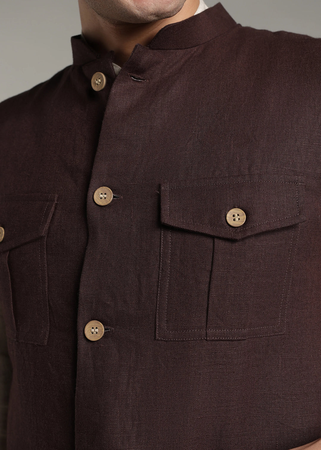 Safar - Multi Pocket Pure Linen Nehru Jacket - Cocoa Brown