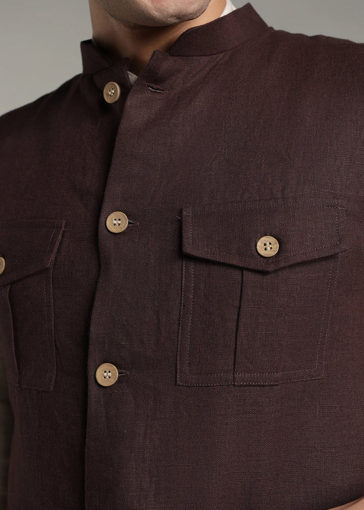 Safar - Multi Pocket Pure Linen Nehru Jacket - Cocoa Brown