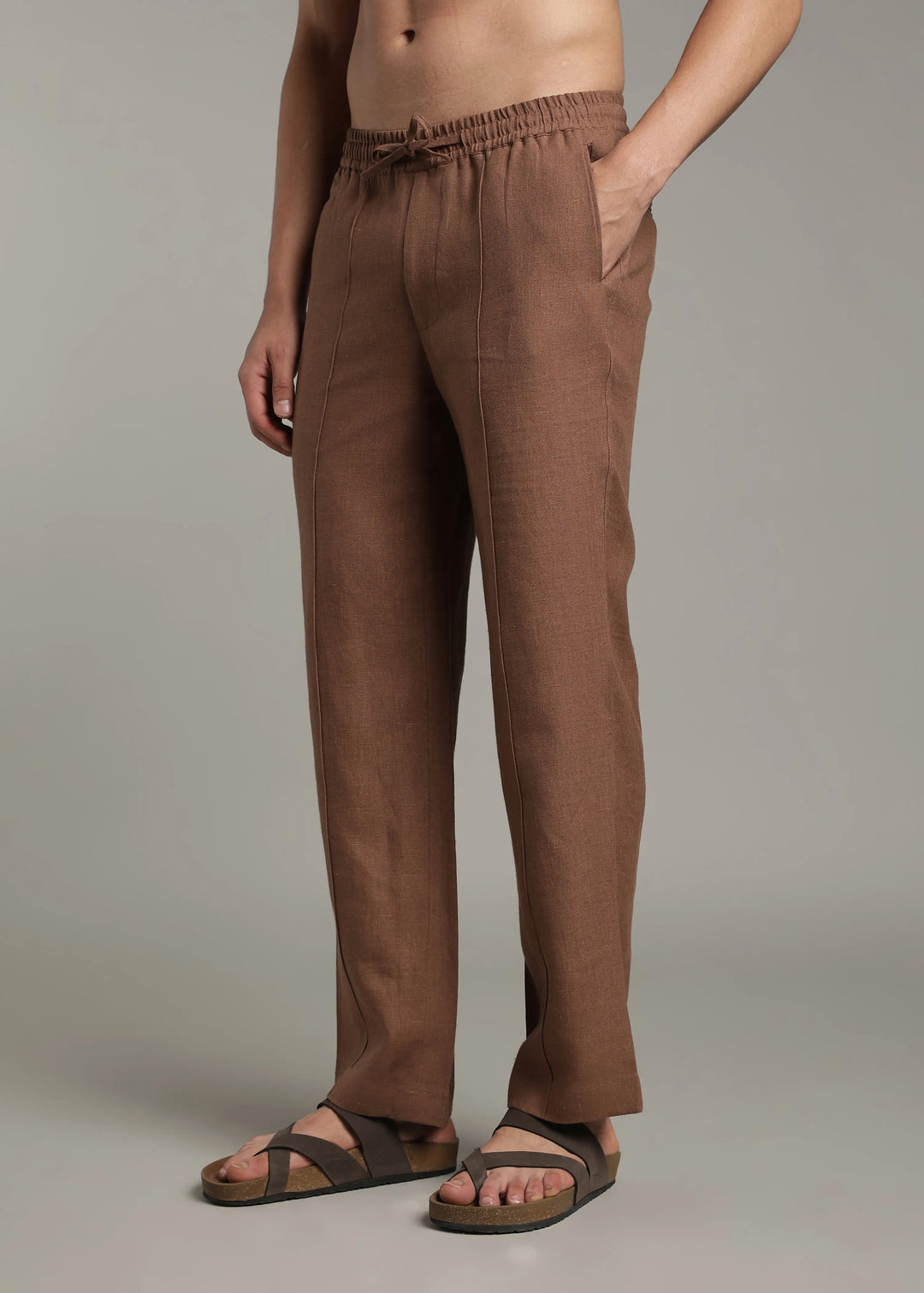 Art Pants - Pure Linen Elastic Casual Pants with Drawstrings - Walnut Brown