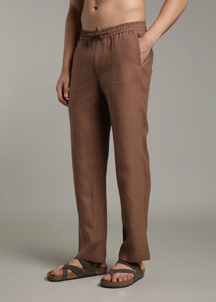 Art Pants - Pure Linen Elastic Casual Pants with Drawstrings - Walnut Brown