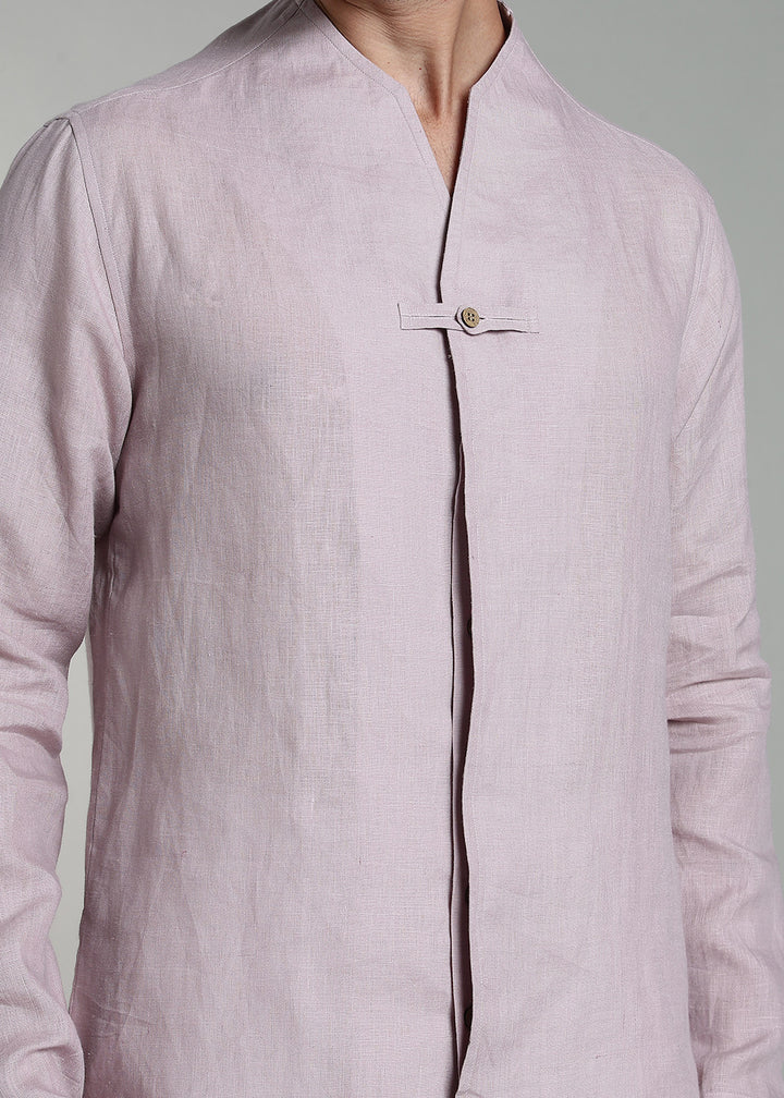 Reno - Pure Linen Full Sleeve Collarless Shirt  - Cameo Pink