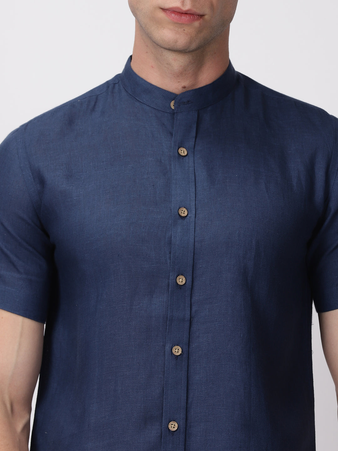 Ronan - Pure Linen Mandarin Collar Half Sleeve Shirt - Denim Blue