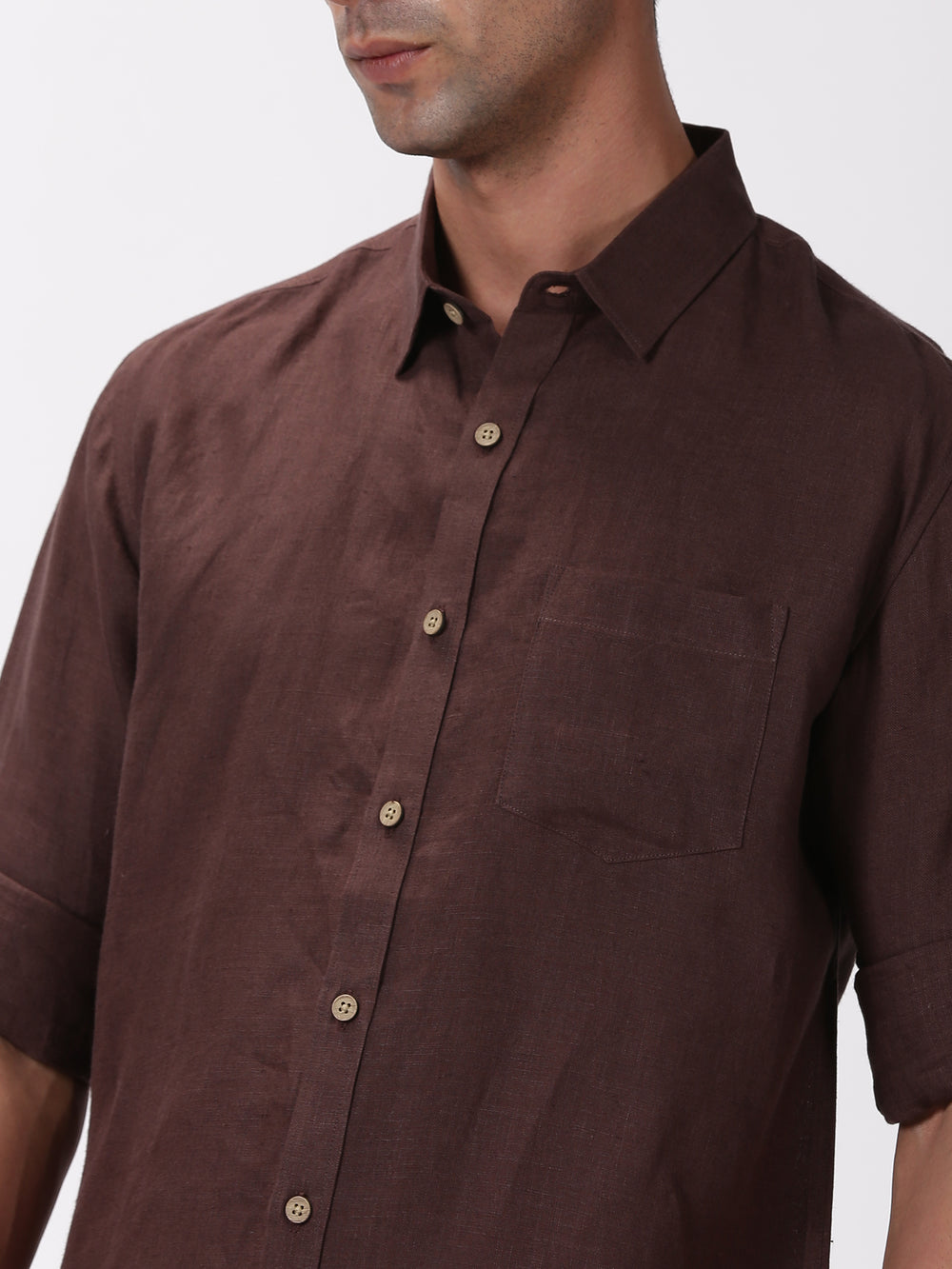 Kian - Pure Linen Regular Collar Full Sleeve Shirt - Dark Chocolate