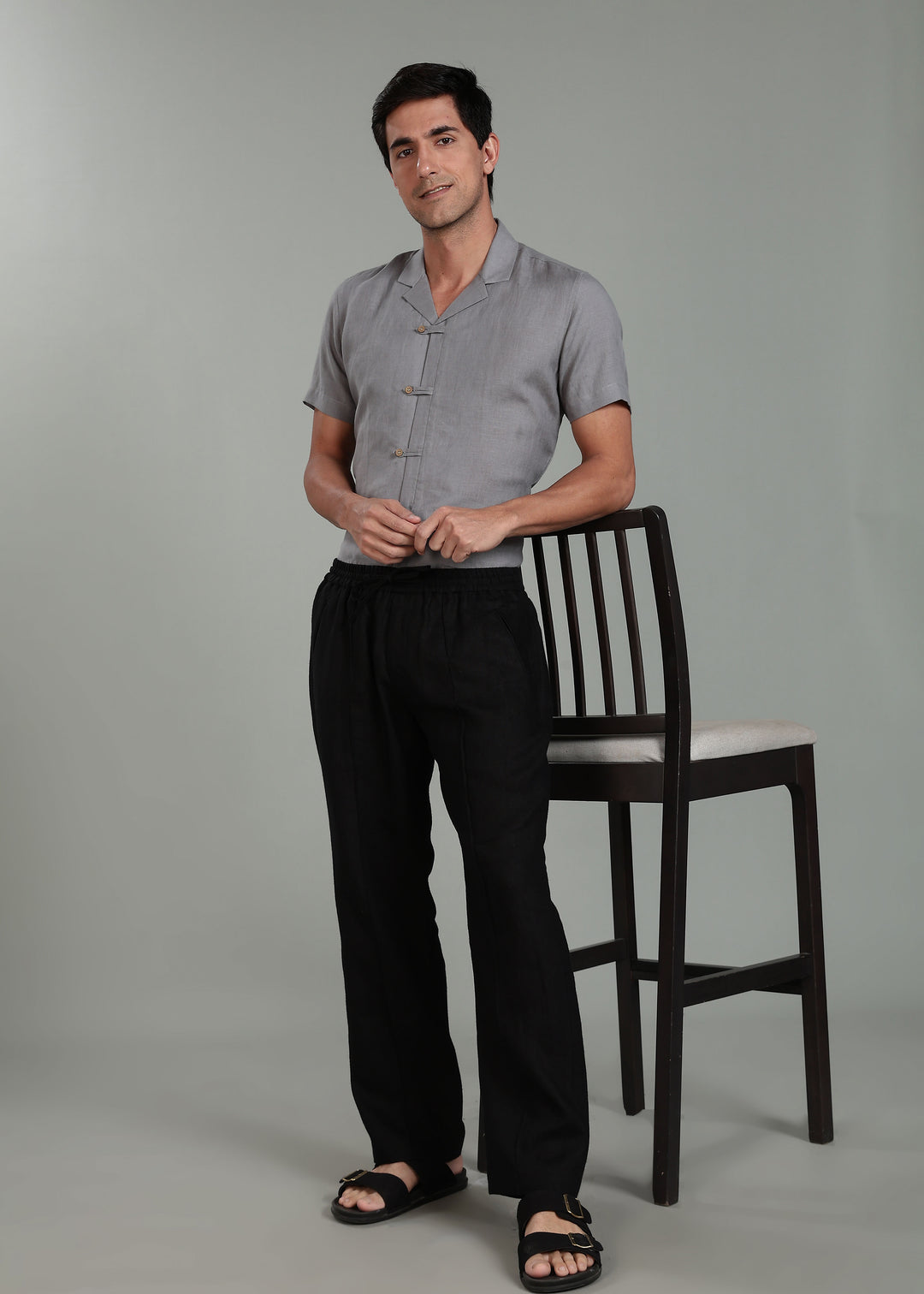 Art Pants - Pure Linen Elastic Casual Pants with Drawstrings - Black