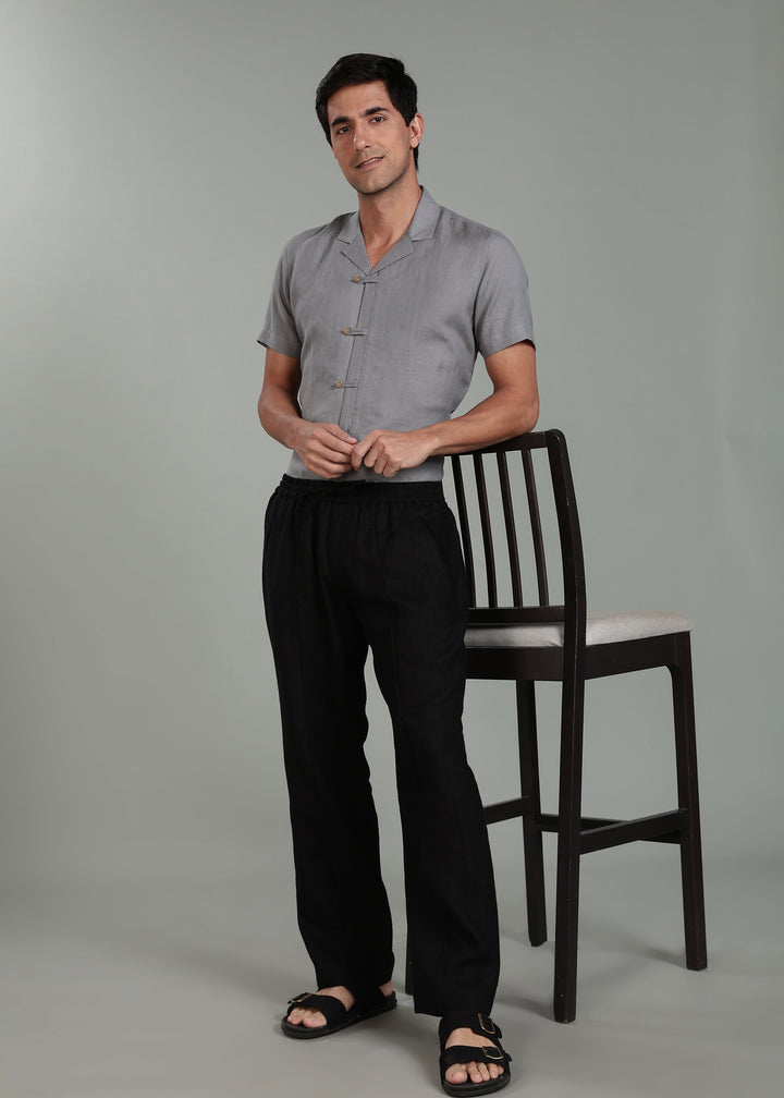Art Pants - Pure Linen Elastic Casual Pants with Drawstrings - Black