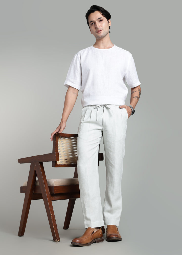 Lume - Pure Linen Relaxed Fit Pleated Trousers - Powder Blue