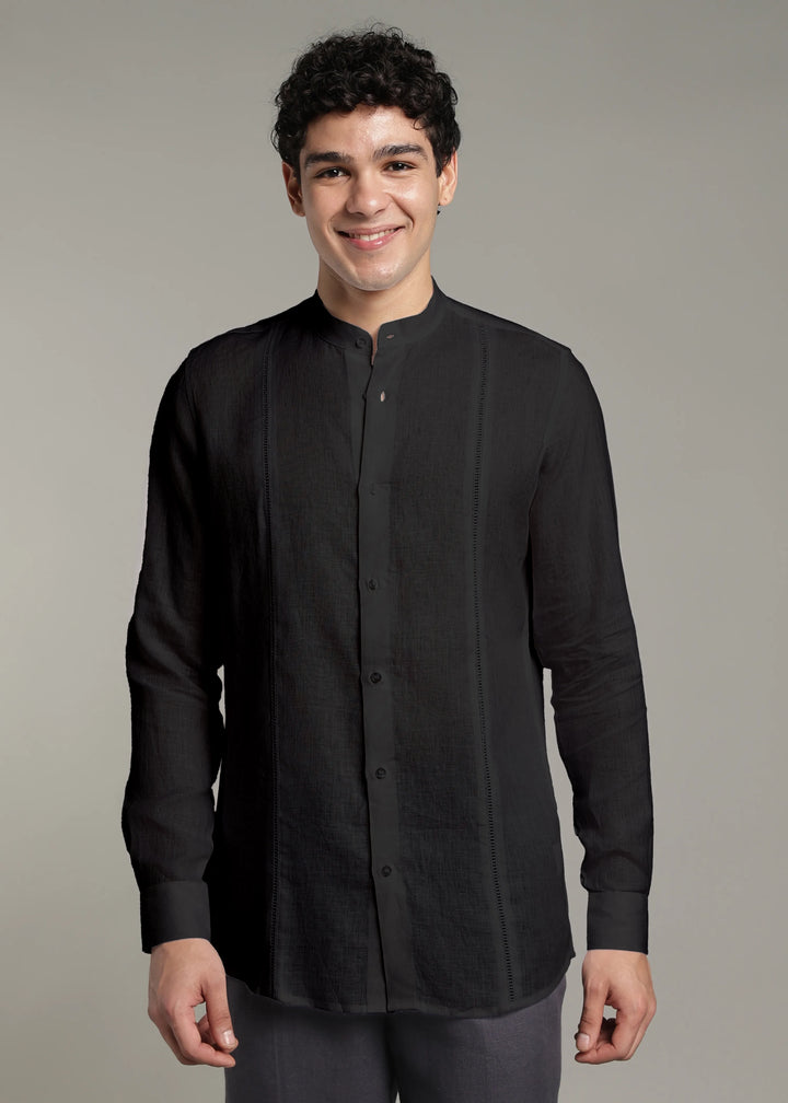 Zephr - Pure Linen Mandarin Collar Lace Detail Full Sleeve Shirt - Black