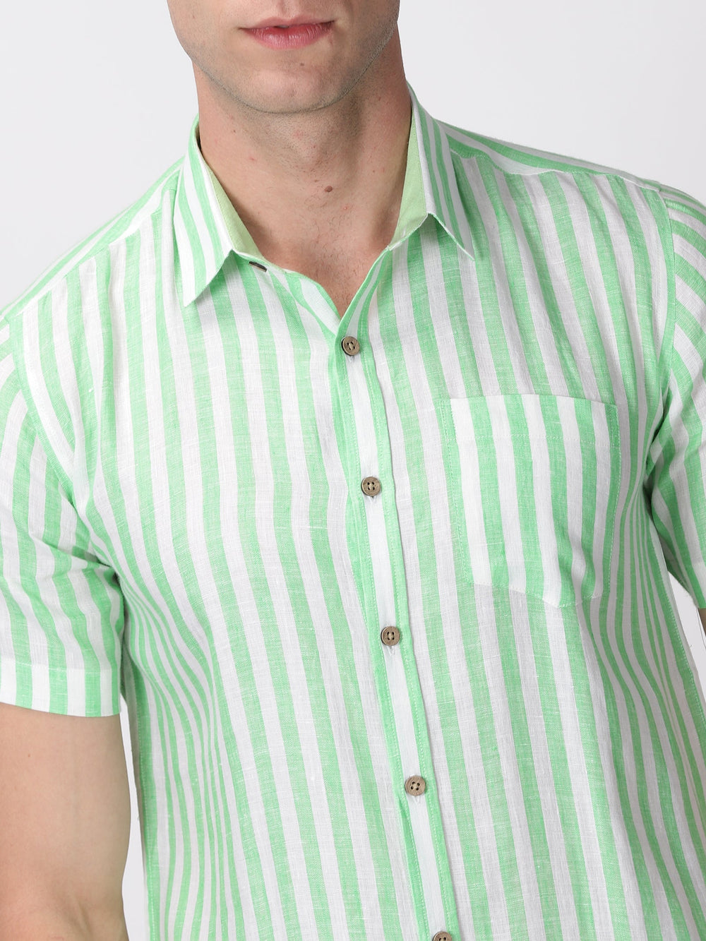 Arthur - Pure Linen Short Sleeve Shirt - Awning Green Stripes | Rescue