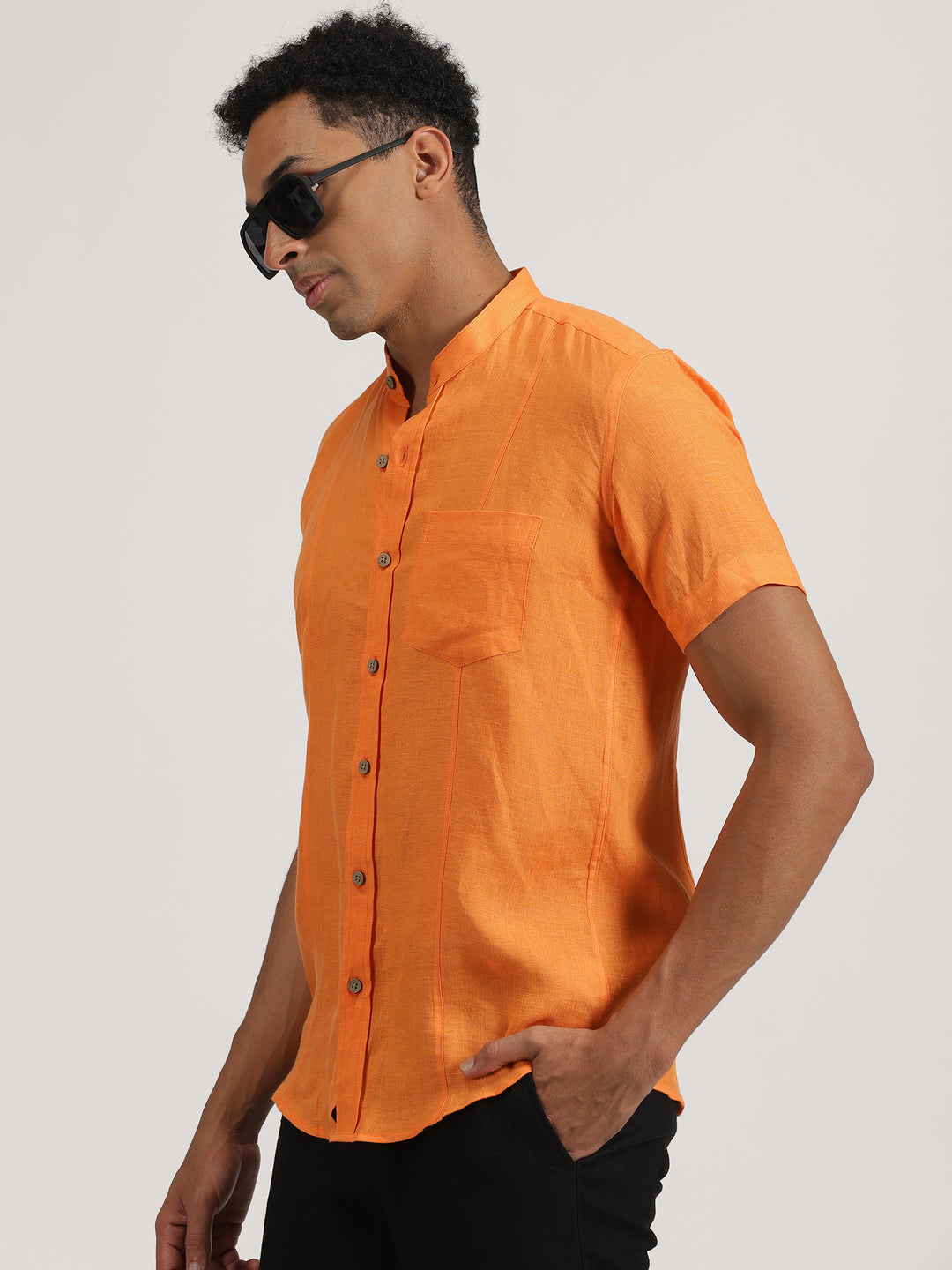 Trevor - Pure Linen Mandarin Collar Half Sleeve Shirt - Beer Orange