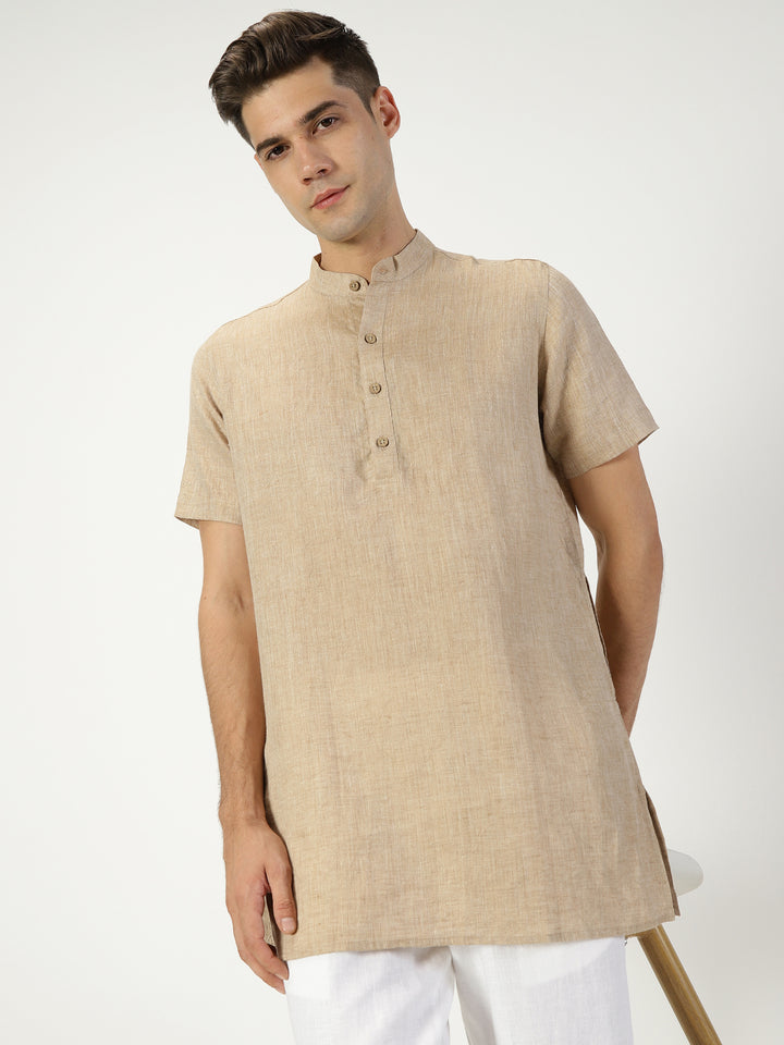 Ashok - Half Sleeve Mandarin Collar Pure Linen Short Kurta - Mocha