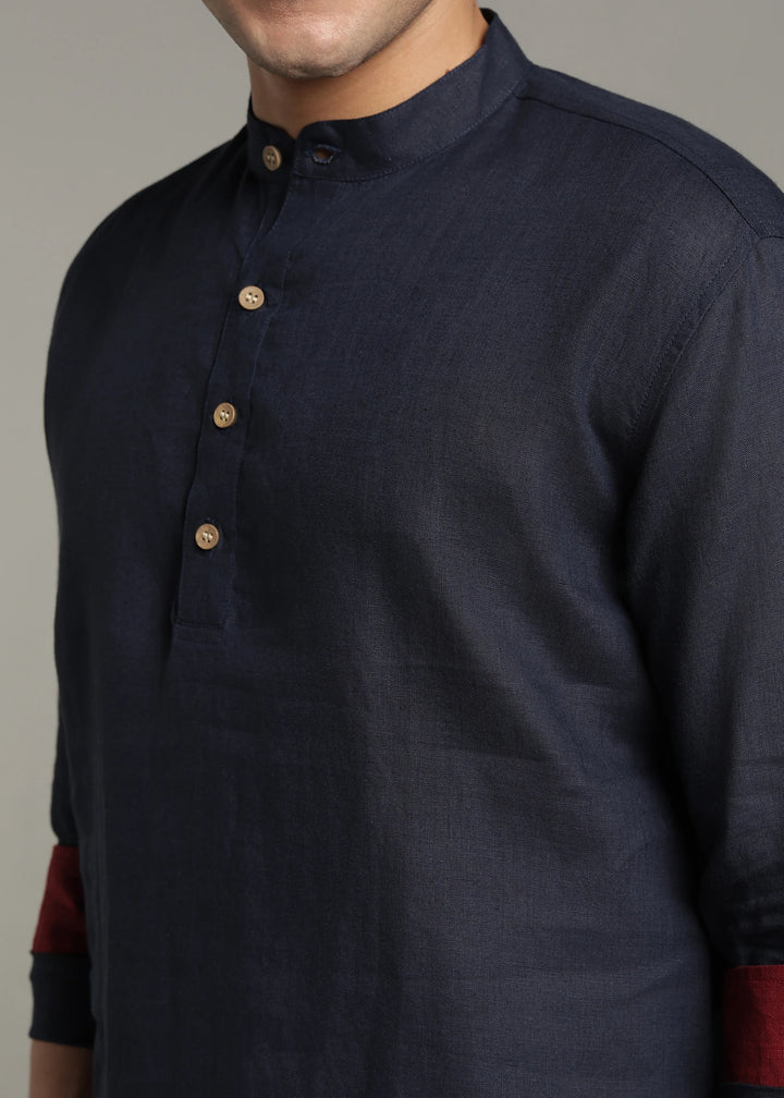 Palat - Pure Linen Regular Kurta with Contrast Inner Cuff Detail - Dark Blue