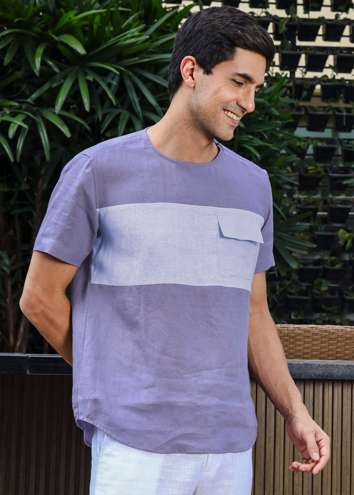 Zach - Double Colour Block Linen Short Sleeve T-Shirt - Lavender Violet & Periwinkle Blue