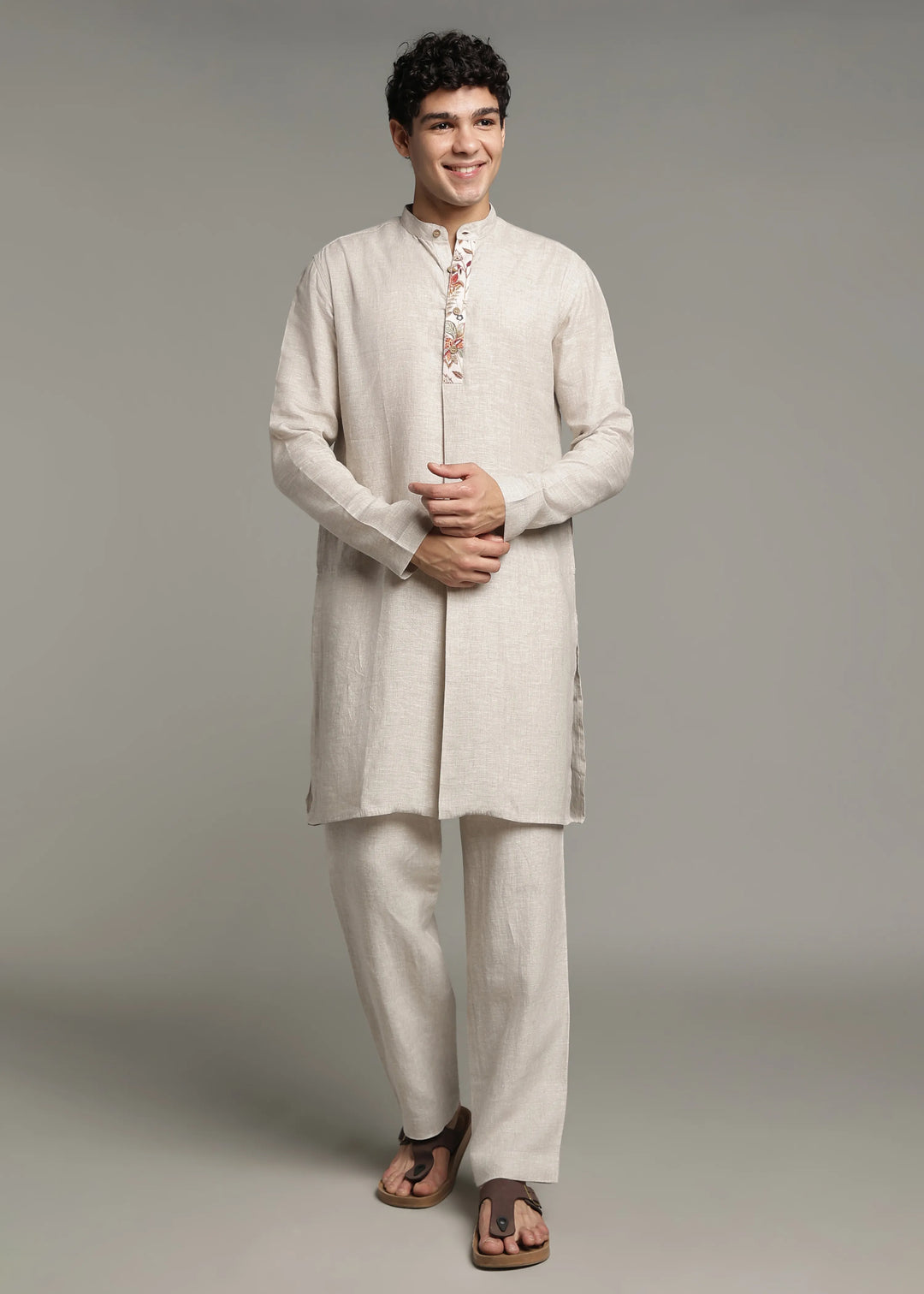 Vansh - Pure Linen Regular Kurta with Printed Placket detail - Ecru
