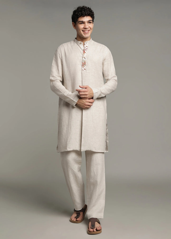 Vansh - Pure Linen Regular Kurta with Printed Placket detail - Ecru