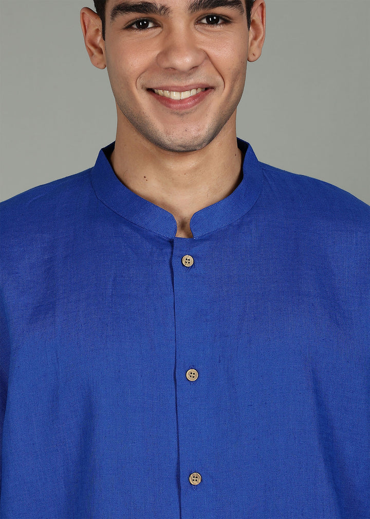 Kenshi Short Kurta Set - Pure Linen Kurta Set with Roy Pants - Egyptian Blue & White