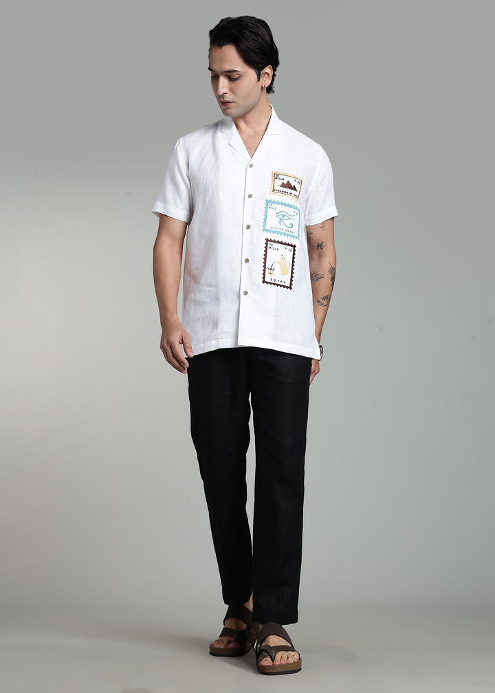 Serq - Pure Linen Half Sleeve Cuban Collar Shirt with Egypt Inspired Embroidery - White