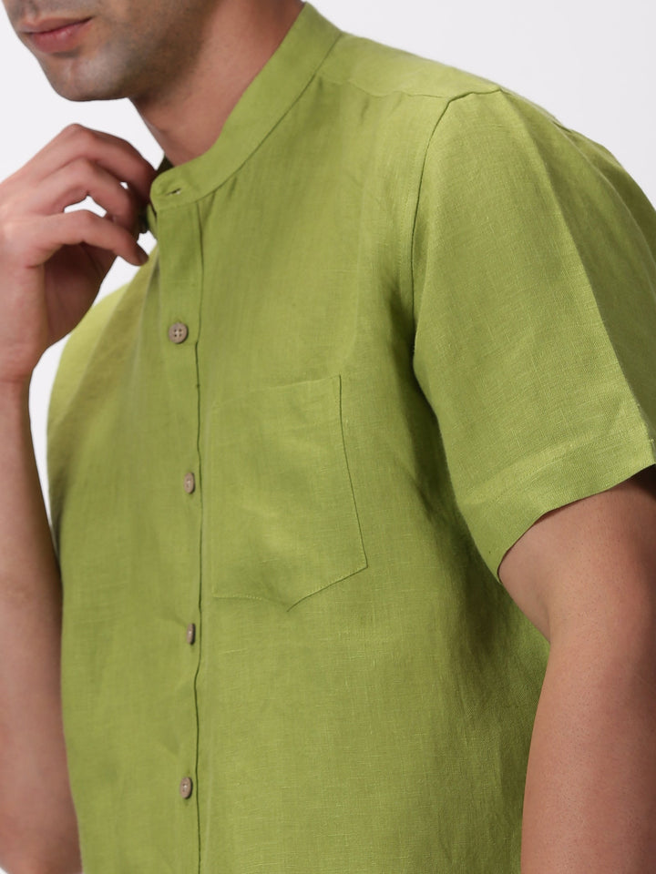 Enzo - Pure Linen Mandarin Collar Half Sleeve Shirt - Peridot Green | Rescue