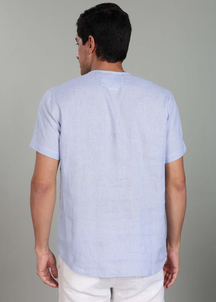 Simon - Pure Linen Stitch Detail Short Sleeve T-Shirt - Periwinkle Blue