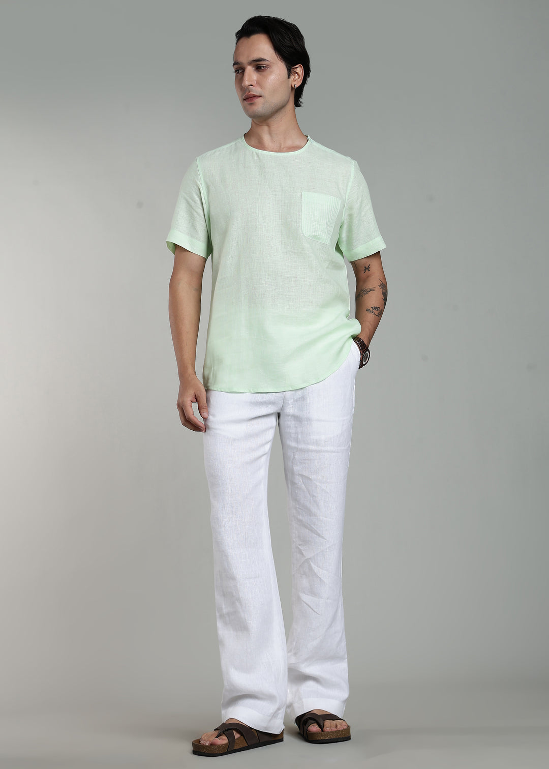 Simon - Pure Linen Stitch Detail Short Sleeve T-Shirt - Pastel Green