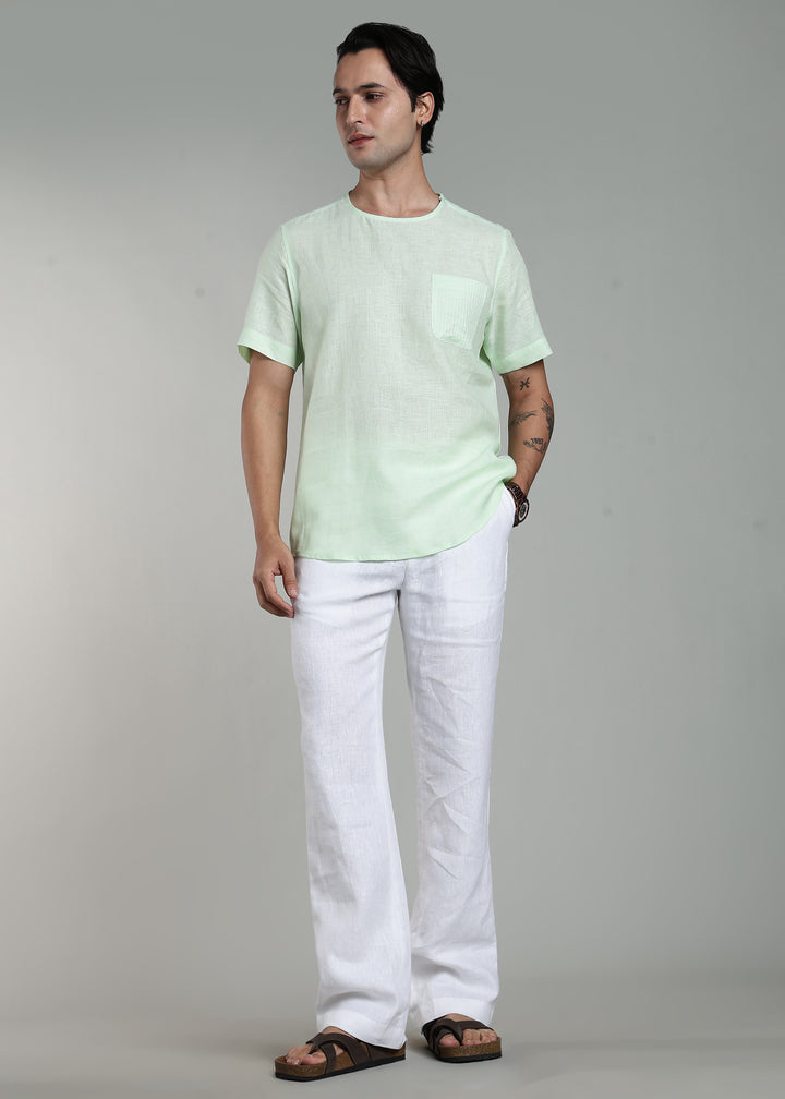 Simon - Pure Linen Stitch Detail Short Sleeve T-Shirt - Pastel Green